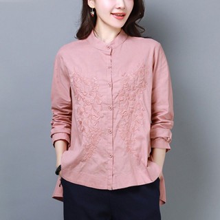 Womens cotton and linen embroidered shirt Korean style stand collar shirt all-match loose slimming shirt