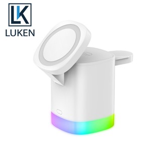 Luken 3 in 1 ที่ชาร์จไร้สาย แบบแม่เหล็ก ชาร์จเร็ว พร้อมโคมไฟ สําหรับ App Watch iP 14 13 Pro 12 AirP 3 Pro