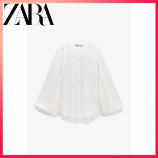 ZARA autumn new womens white pleated detail puff sleeve flowy top