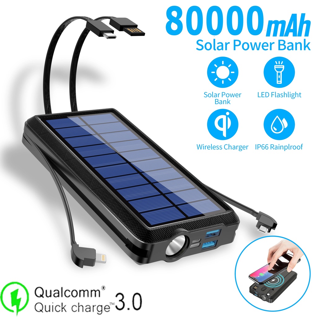 80000mah Qi Wireless Charging Solar Batteery Panel Portable Powerbank LED Emergency Fast External Battery For Iphone Sam