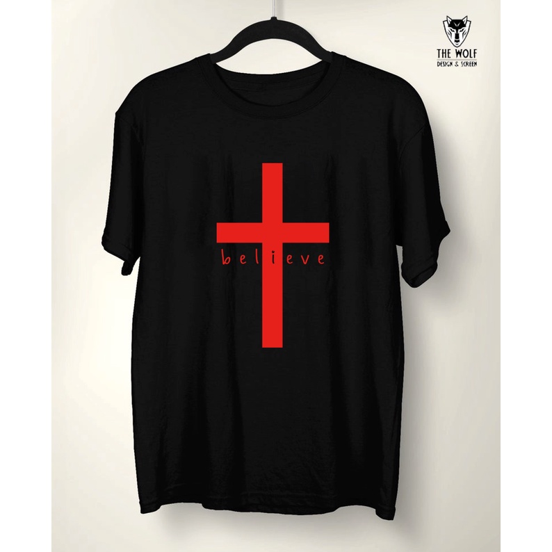 เสื้อยืดคอกลม รุ่น สกรีนลายไม้กางเขน believe สวยๆ ผ้า Cotton+Poly 100%