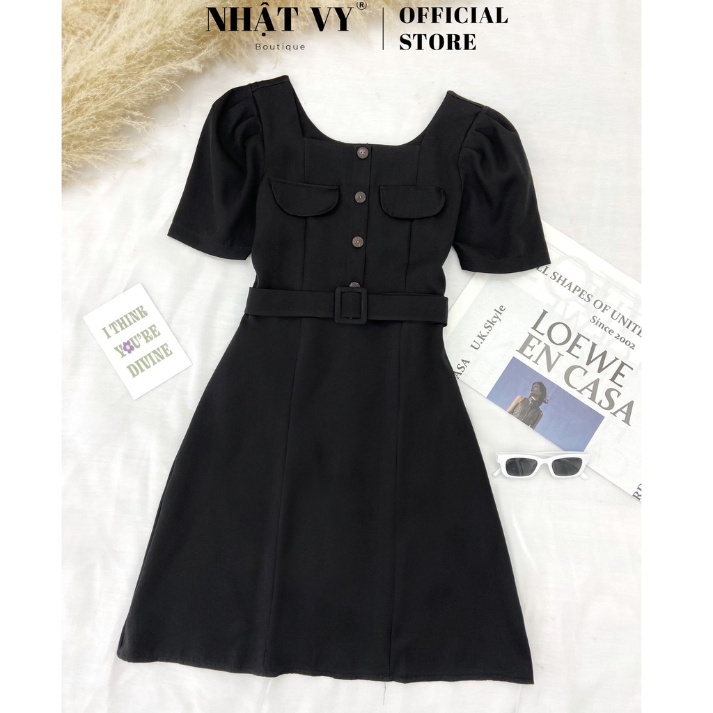 เดรสคอเหลี่ยมแต่งกระเป๋าหลอกและ BELT - D1795