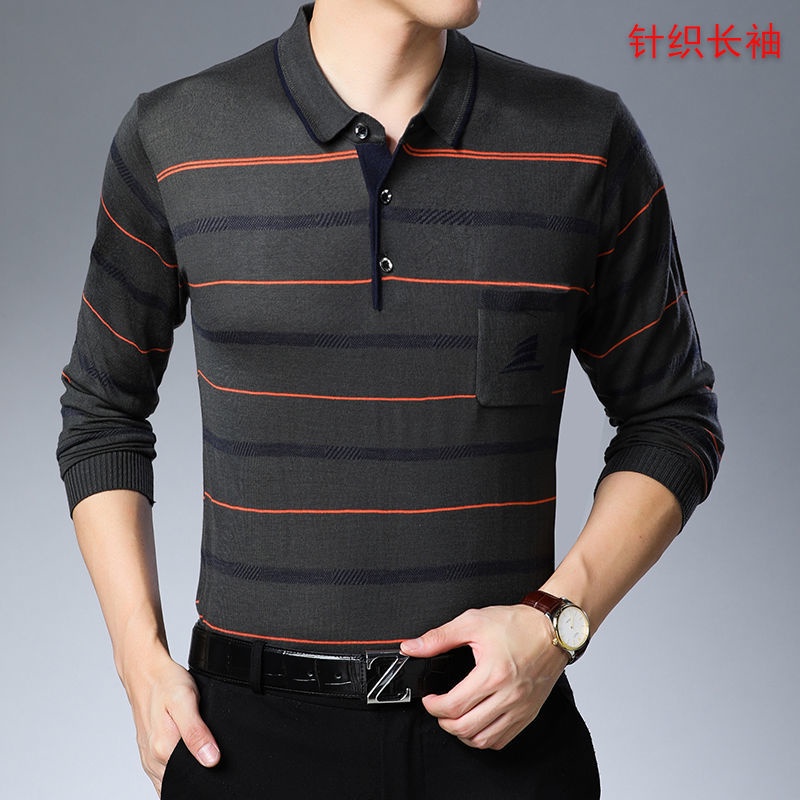 Spot high-quality] pocket striped POLO shirts for men in middle-aged autumn, dads wear long-sleeved t-shirts, men's lapels, Tee loose stripes, middle-aged and elderly thin sweaters, real pocket casual tops for boys. #4