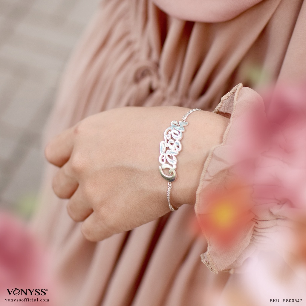 สร้อยข้อมือ Veenys Kerawang Floret Rantai Ukir Nama Gelang Perak Sade Emas 916 ชื่อที่กําหนดเองส่วนบ