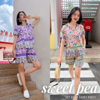 Thongyoy - Set milli Sweet Pea ชุดเข้าเซ็ตลายดอกไม้ เสื้อเชิ้ต ขาสั้น ผ้าป่านมัสลิน ฟรีไซส์