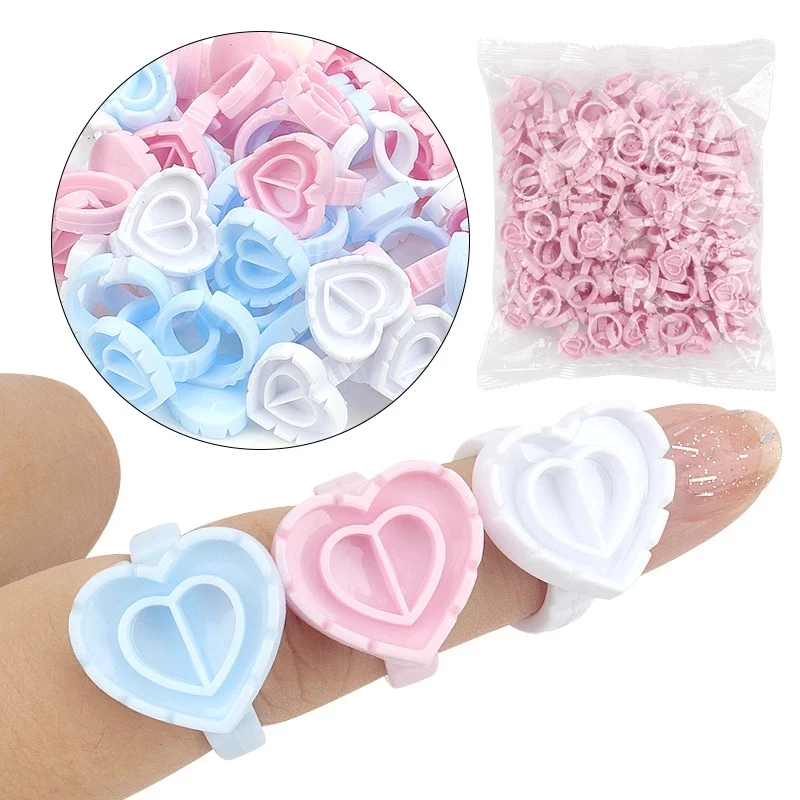 100pcs รูปหัวใจ แหวนกาวแบบใช้แล้วทิ้งสำหรับต่อขนตา มี 3 สี อุปกรณ์ต่อขนตา