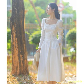 👑Hot product👑Little White Dress First Women ชุดเดรสแขนยาวสีขาวคอเหลี่ยม