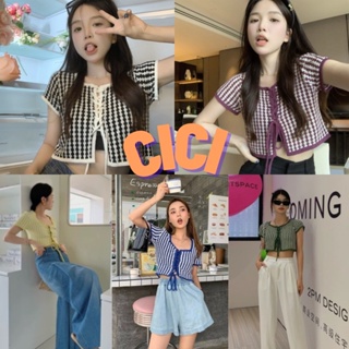 Cici(NO.T1598)เสื้อไหมพรมแขนสั้นดีเทลสายผูกโบว์หน้าอกลายฉลุ สวยแซ่บสุด