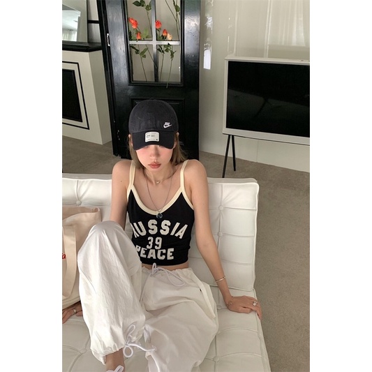 🖤เสื้อครอป สายเดี่ยว พิมพ์ลาย ทรงสปอร์ต เสื้อสีดำ 39JUL22