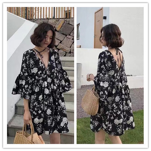 พร้อมจัดส่ง ชุดเดรสแขนสั้นลายดอกสำหรับผู้หญิง ชุดเดรสขนาดOVERSIZE ทรงเอแขนใบบัว เดรสไปเที่ยวทะเล สาวอวบ ผ้าชีฟอง