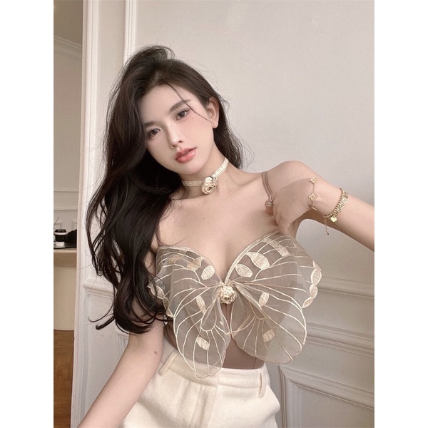 🤎เซ็ต2ชิ้น บอดี้สูทผีเสื้อ+ปลอกคอ เสื้อสีน้ำตาล 42JUL22