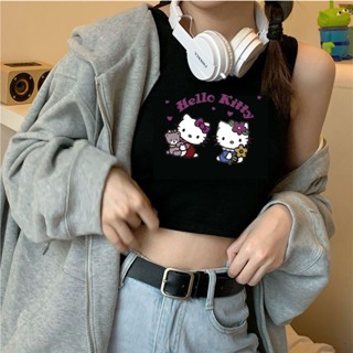 เสื้อสายเดี่ยว ตัวสั้น โชว์สะดือ ลาย hello kitty hello kitty เหมาะกับใส่ด้านนอก สําหรับผู้หญิง