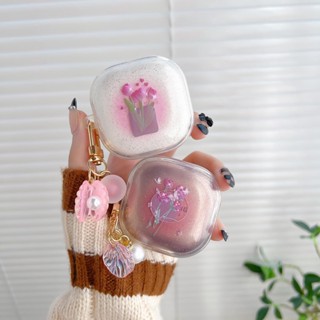 เคสหูฟังบลูทูธไร้สาย TPU นิ่ม แบบใส ลายดอกไม้ แต่งกลิตเตอร์ ไล่โทนสีชมพู สําหรับ Galaxy Buds Live Buds 2 Buds Pro 2 Pro