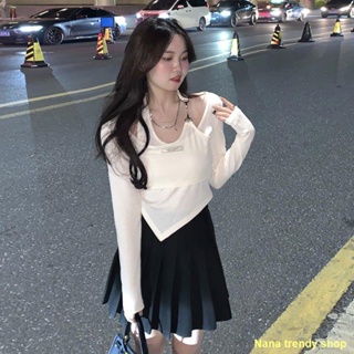 🌙Fast delivery🌙Halter Chain Fake Two Pieces Long Sleeve T-Shirt Women s Irregular Top