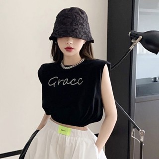 🔥ราคาถูกที่สุด🔥เสื้อครอปเอวจั๊ม แขนสั้น 2 สี แต่งรีดเพชรลาย Grace