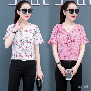 ชีฟองลายดอกไม้แขนสั้นผู้หญิง เกาหลีป่าเสื้อผ้าแฟชั่นผู้หญิงเสื้อ เสื้อ เสื้อชีฟองลายดอ