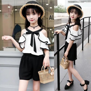Hot Sale 🔥จัดส่งทันที🔥ชุดเสื้อเชิ๊ตเปิดไหล่สองชิ้นผ้าชีฟองเวอร์ชั่นเกาหลี
