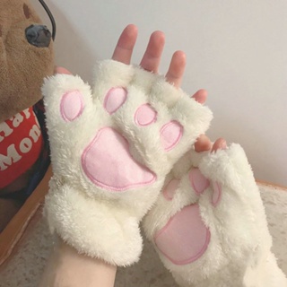 Kawaii ถุงมือสั้น แบบครึ่งนิ้ว ผ้ากํามะหยี่ขนนิ่ม ลายอุ้งเท้าแมว ให้ความอบอุ่น แฟชั่นฤดูหนาว สําหรับผู้หญิง