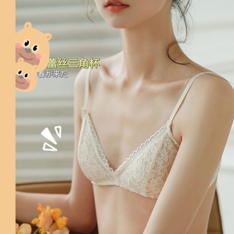 🎀bearbra🎀ชุดชั้นใน บราลูกไม้ ทรงสามเหลี่ยม ขนาดเล็ก ไม่มีโครงเหล็ก ป้องกันการหย่อนคล้อย สไตล์ฝรั่งเศส สําหรับผู้หญิง