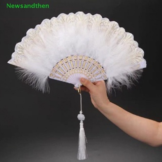 Newsandthen Lolita Feather Folding Fan Japanese Sweet Fairy Girl Dark Gothic Court Dance Hand Fan with Pendant Gift Wedding Party Decoration Nice