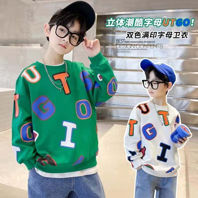 COCO❤Tshirt💦เสื้อสเวตเตอร์เด็กผู้ชาย 2022 ใหม่หล่อสไตล์ตะวันตกเต็มไปด้วยตัวอักษรพิมพ์เขียวกลางและใหญ่เทรนด์แฟชั่นชั้นนำ