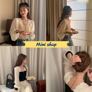 Mini shop🌸พร้อมส่ง🌸(5783) เสื้อไหมพรมแขนยาว ทรงเรียบร้อยคุณลูกนิดๆ แขนผ้าซีทรู -C