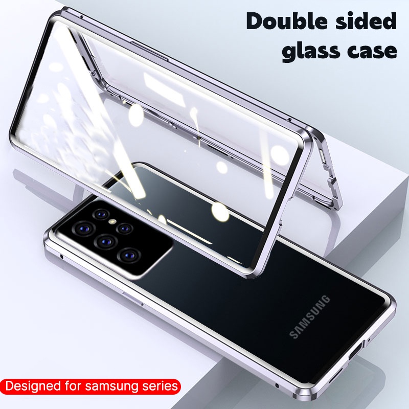 เคสโทรศัพท์มือถือแบบแก้ว ฝาพับแม่เหล็ก สองด้าน 360 องศา สําหรับ Samsung Galaxy Note 8 9 10 Lite 10 Plus 20 Plus 20 Ultra° เคสแข็ง ป้องกัน