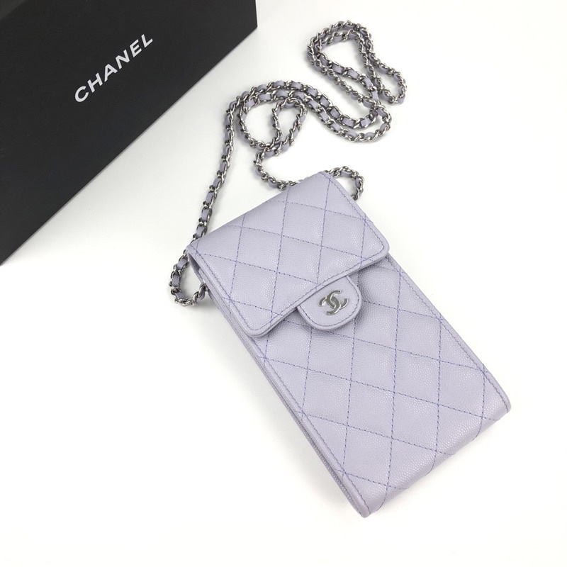 New Chanel Phone Holder with Chain in Purple Cavier Shw Holo31. Size : 18.5x 10x 2.5 cm. อปก.ครบ+มีใ