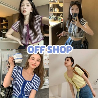 OFF SHOP พร้อมส่ง (OFF-1598) เสื้อไหมพรมแขนสั้น ลายตารางดีเทลเชือกผูกหน้าเก๋มาก