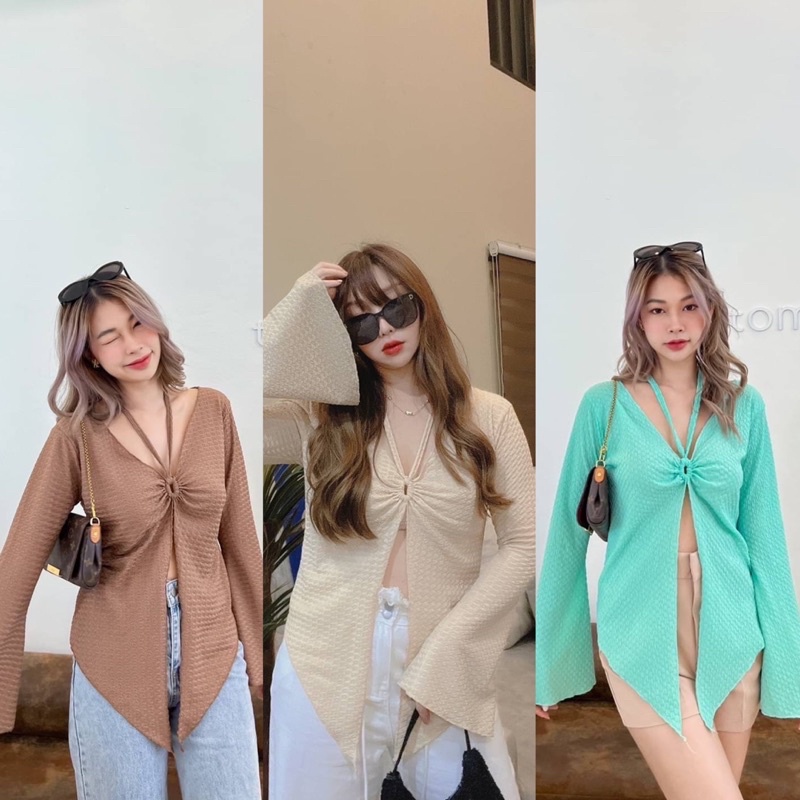 พร้อมส่ง งานป้าย เสื้อแขนยาวคอวี แต่งห่วงอก ชายแหลมผ่านหน้า เริศหรูดูแพง สาวอวบใส่ได้