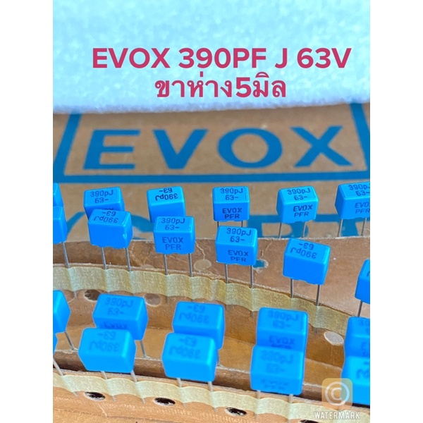 (แพ็คละ10ตัว) C 390PF 63V 390PJ63V EVOX PFRสีฟ้า ขาห่าง5มิล เกรดอย่างดี Cโพลีขา5มิล Cโพลี 390PF63V ค