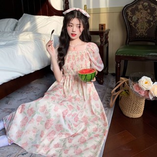 🌺S~2XL เดรสคอเหลี่ยมลายดอกสีชมพู ทรงเข้ารูป เอวเข้ารูป เดรสทรงเอ ยาวปานกลาง น่ารักสดใส