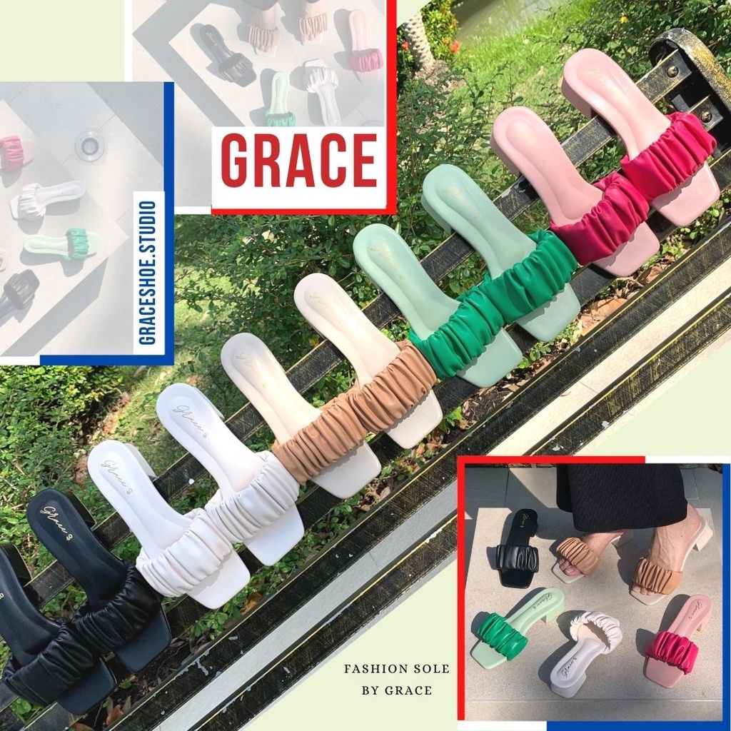 GRACE จีบย่น ไซส์ 36-43 รองเท้าผู้หญิงเปิดส้น แตะส้นสูง 1.25 นิ้ว รองเท้าแฟชั่นน่ารัก หนังนิ่ม