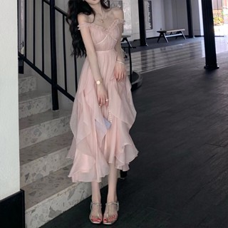 ชุดเดรสกระโปรงยาว ผ้าตาข่าย แต่งลูกไม้ สีชมพูอ่อน หรูหรา สไตล์แฟรี่ สําหรับสตรี