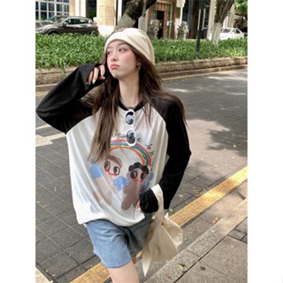 Casual cartoon printed pullover long sleeve T-shirt color matching loose jacket SheSaid