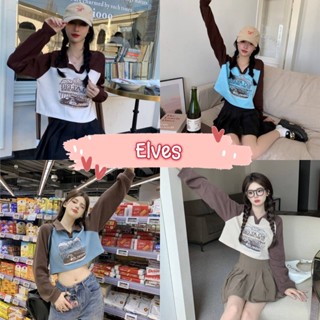 Elves✨พร้อมส่ง✨ เสื้อแขนยาวไหมพรม คอปก ดีเทลลายตัวอักษรเก๋มาก ~45636~