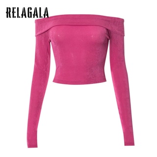 Relagala เสื้อยืด แขนยาว เปิดไหล่ สีพื้น เซ็กซี่ แฟชั่นสําหรับผู้หญิง