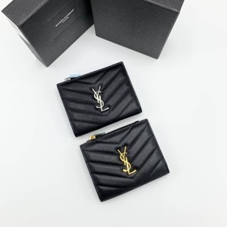 YSL SAINT LAURENT MONOGRAM QUILTED TEXTURED-LEATHER WALLET IN BLACK AND GOLD กระเป๋าใส่นามบัตร ซิป สีดำ วายเอสแอล