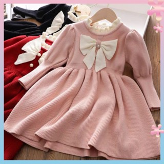 New year girls red Christmas bow dress knitted sweater dress childrens baby princess dress winter