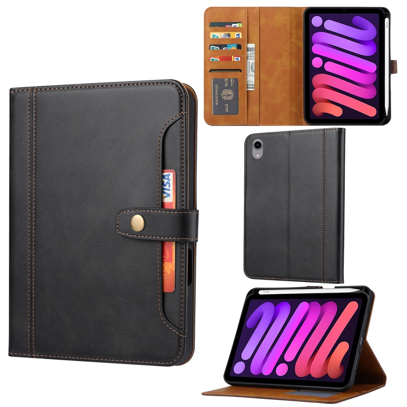 สําหรับ iPad Mini 6, Mini 7 A17 Pro 2024 แท็บเล็ต ELVEV PU หนัง Flip Kickstand ฝาครอบป้องกันพร้อมช่องใส่การ์ดพร้อมช่องเสียบปากกา