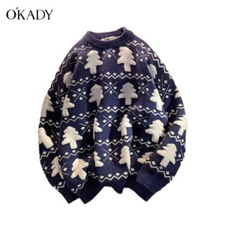 OKADY ต้นคริสต์มาส Jacquard รอบคอ Pullover ลมแห่งชาติเสื้อกันหนาวผู้ชายฤดูใบไม้ร่วง / ฤดูหนาวแนวโน้ม Joker หลวมเสื้อถักด้านบน