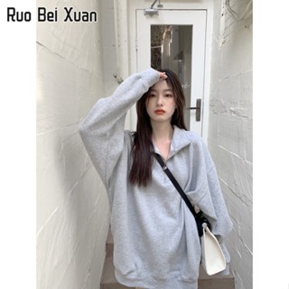 RUO BEI XUAN 2022 เสื้อกันหนาวผู้หญิงแขนยาว แจ็คเก็ตสีเทา เสื้อสเวตเตอร์แฟชั่น ผ้าฝ้าย สวมใส่สบาย