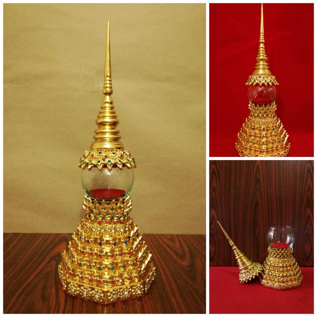 เจดีย์ ใส่พระธาตุ ทรงแปดเหลี่ยมปลายปลายเรียว(S/LL) ฐาน10เซน สูง27เซน งานปิดทอง