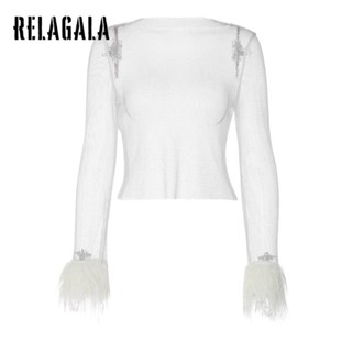 Relagala เสื้อยืด แขนยาว ขนเฟอร์ เซ็กซี่ กลวง สีพื้น แฟชั่นสําหรับผู้หญิง