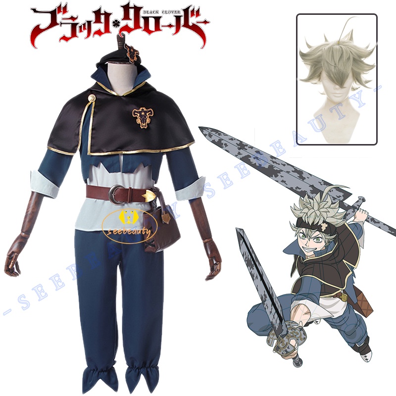 Anime Black Clover Asta Cosplay Costume Wig Five Leaf Clover Black Bull Cape Cloak White Top Blue Pants Noelle Finral Me