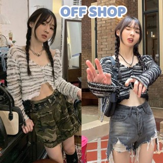 OFF SHOP พร้อมส่ง (OFF-Y2601)เสื้อไหมพรมแขนยาว กระดุม2เม็กดีเทลลายทาง -C