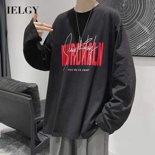 Ielgy เสื้อยืดคอกลม แขนยาว พิมพ์ลายตัวอักษร ทรงหลวม สไตล์ฮ่องกง สําหรับเด็กผู้ชาย