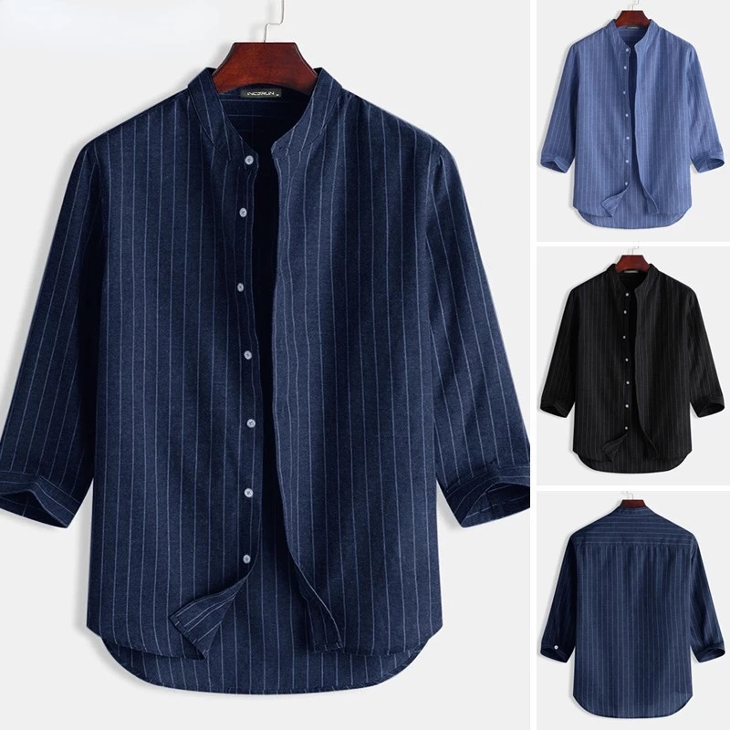 [การจัดส่งในท้องถิ่น] เสื้อเชิ้ต แขน 3/4 ลําลอง ทรงหลวม ลายทาง มีสไตล์ สําหรับผู้ชาย