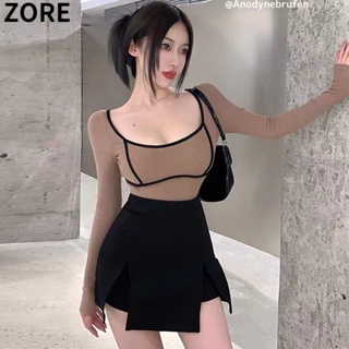 Zore ใหม่ เสื้อยืดแขนยาว คอยู เข้ารูป เซ็กซี่ สไตล์ยุโรป และอเมริกา สําหรับผู้หญิง