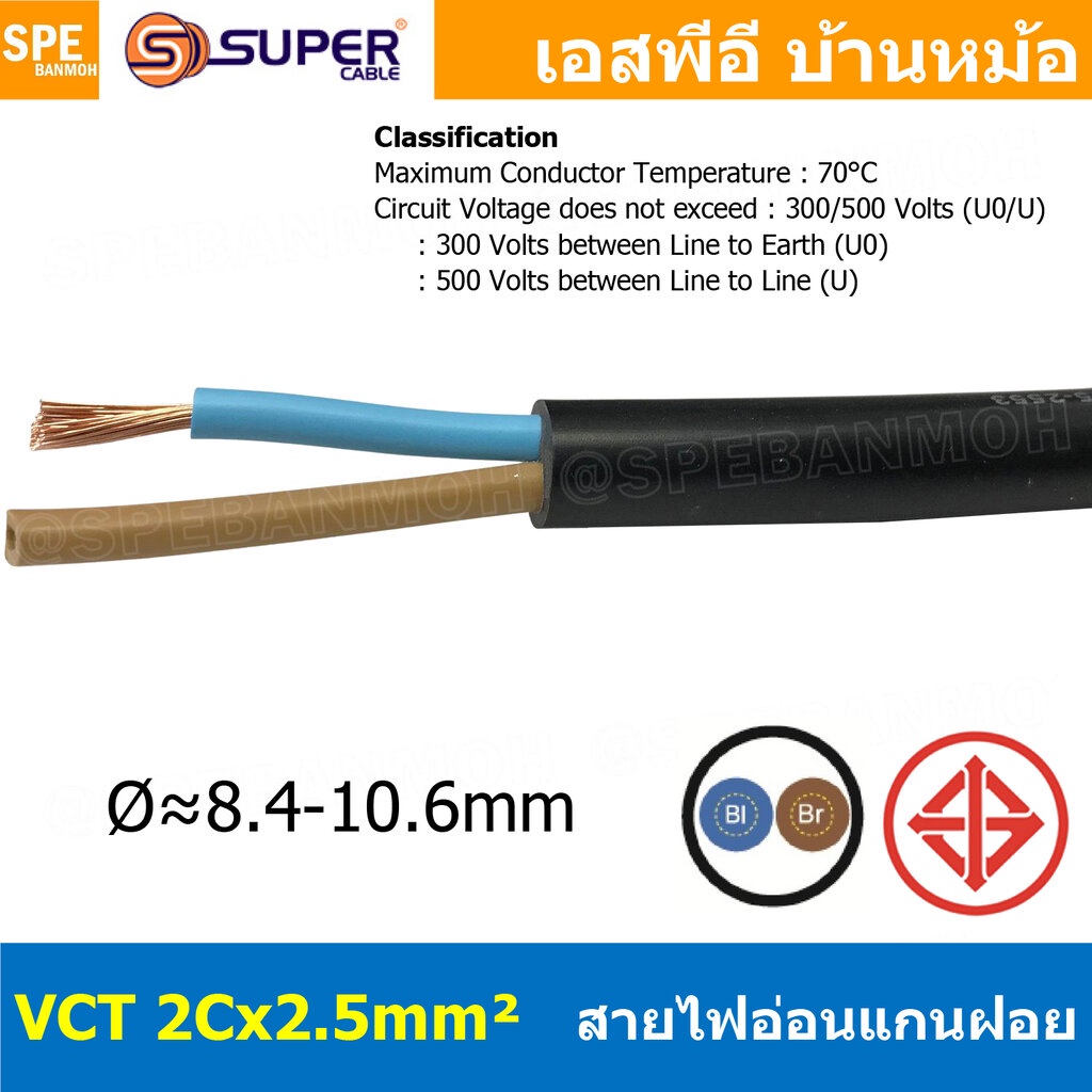 [ 1 เมตร ] VCT-2x2.5 สาย VCT 2C X 2.5 sq.mm สายอ่อน 2 คอร์ Size 2.5 sq.mm VCT AC Power Cable สายไฟ AC สายปลั๊ก IEC53 ...